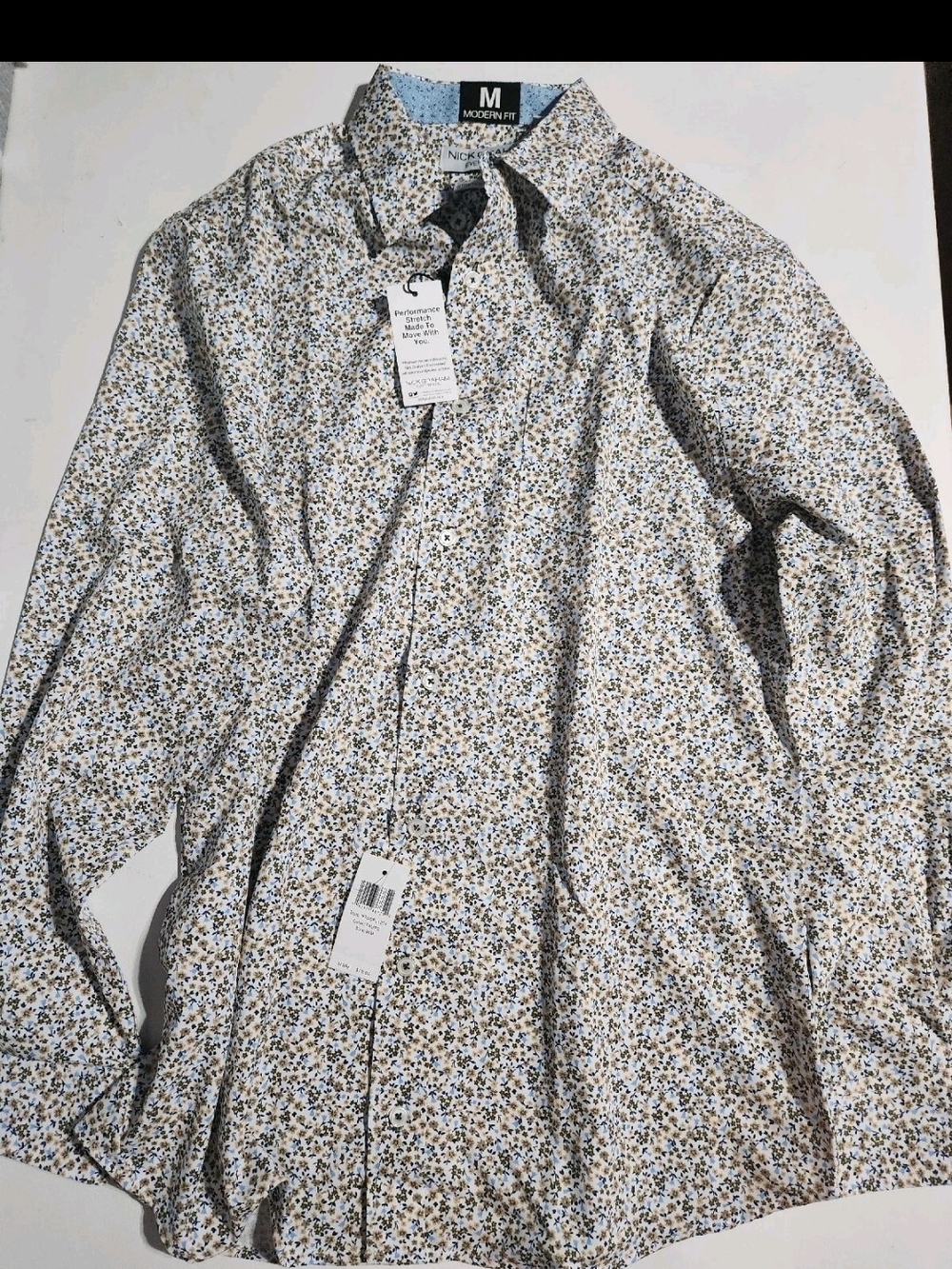 Modern Fit Men's Floral Dress Shirt - White with Blue & Tan Print